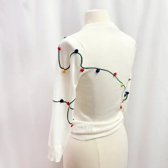 Modcloth 3D Christmas lights cream crewneck sweater size Small - Picture 3 of 7
